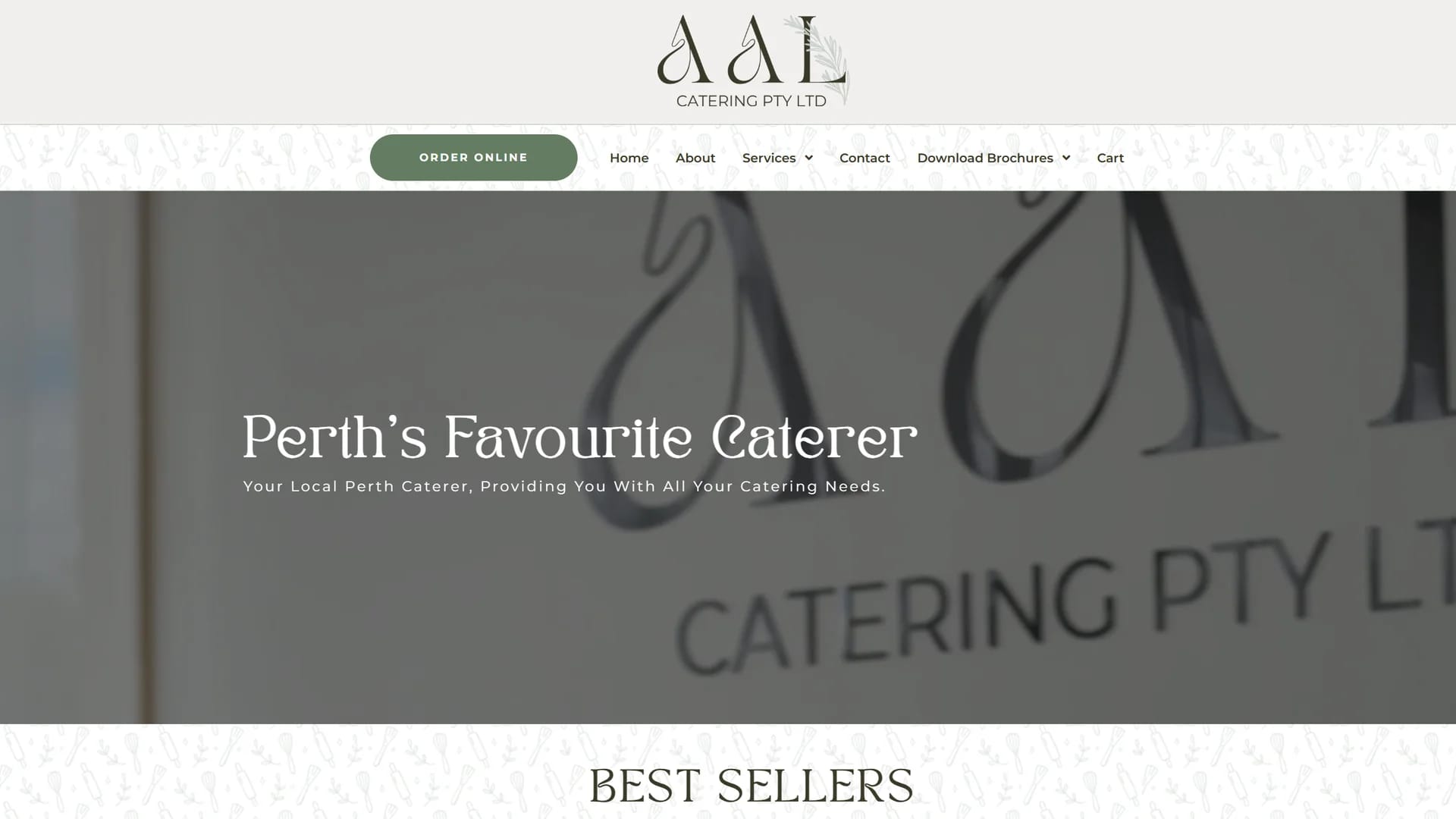 AAL Catering home page with an Order online button and the heading Perth’s Favourite Caterer